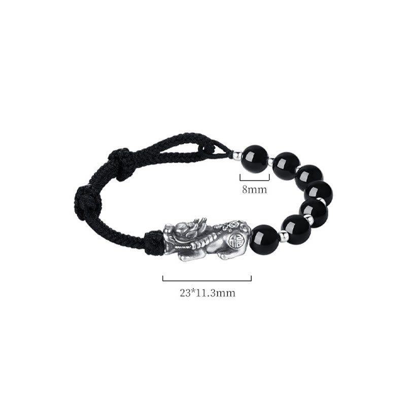 Bracelet de force en argent sterling 925 avec perles d'obsidienne noire naturelle FengShui PiXiu en argent sterling 999 et Buddha Stones