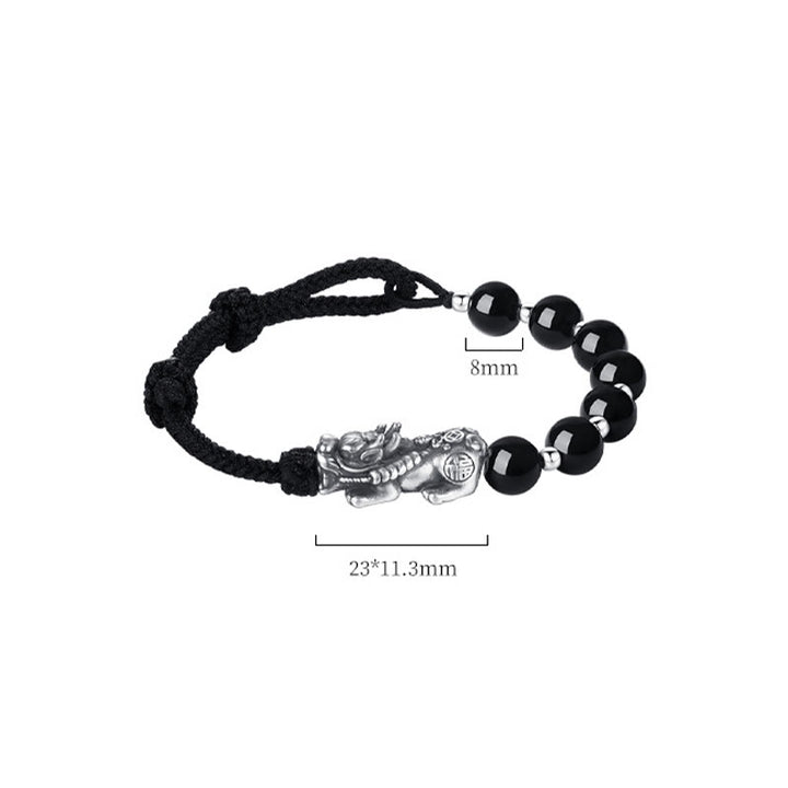 Bracelet de force en argent sterling 925 avec perles d'obsidienne noire naturelle FengShui PiXiu en argent sterling 999 et Buddha Stones