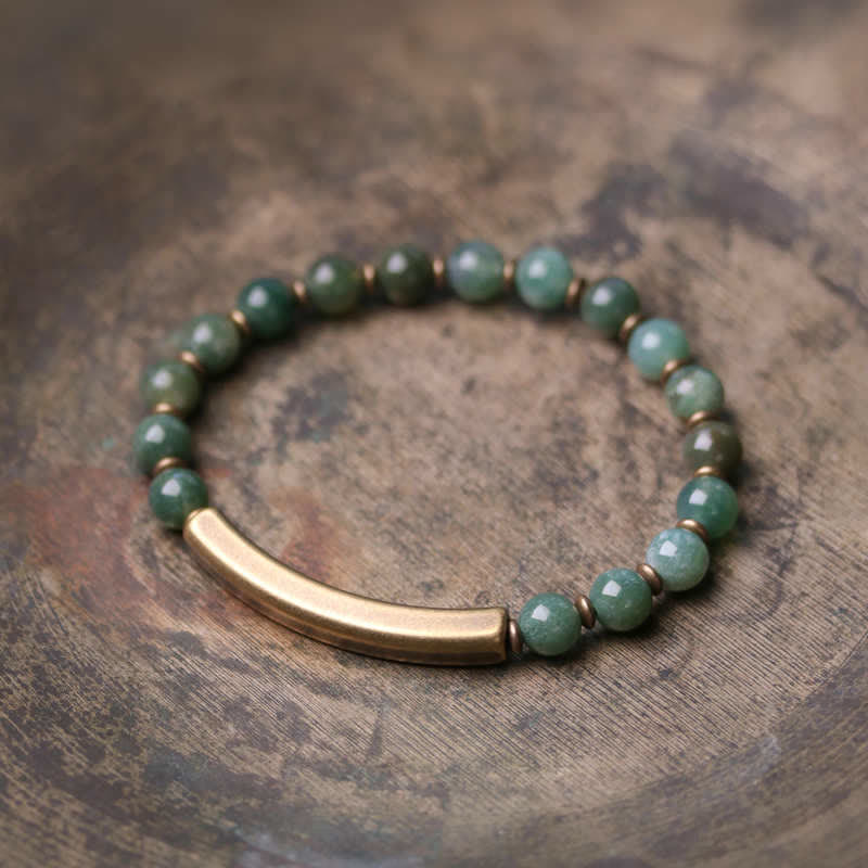 Bracelet couple paix en cuivre et cristal d'obsidienne noire en Buddha Stones Jaspe rouge Agate mousse