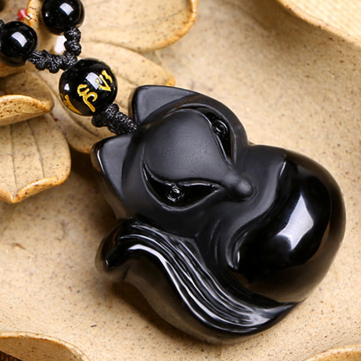Buddha Stones Collier Amulette pendentif Renard en Obsidienne noire naturelle Oeil de tigre Obsidienne glacée