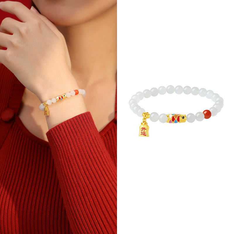 Bracelet porte-bonheur en argent sterling 925 Buddha Stones et jade blanc Hetian, agate rouge, poisson koï