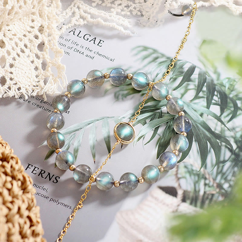 Bracelet de guérison et d'amour en pierre de lune naturelle plaqué or 14 carats de Buddha Stones