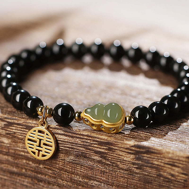 Bracelet de force double bonheur en obsidienne noire naturelle en jade Hetian