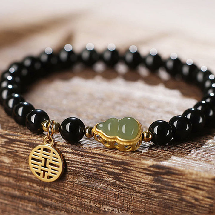 Bracelet de force double bonheur en obsidienne noire naturelle en jade Hetian