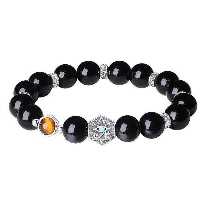 Bracelet de purification en argent sterling 925 avec Buddha Stones noire et œil de tigre de la Providence