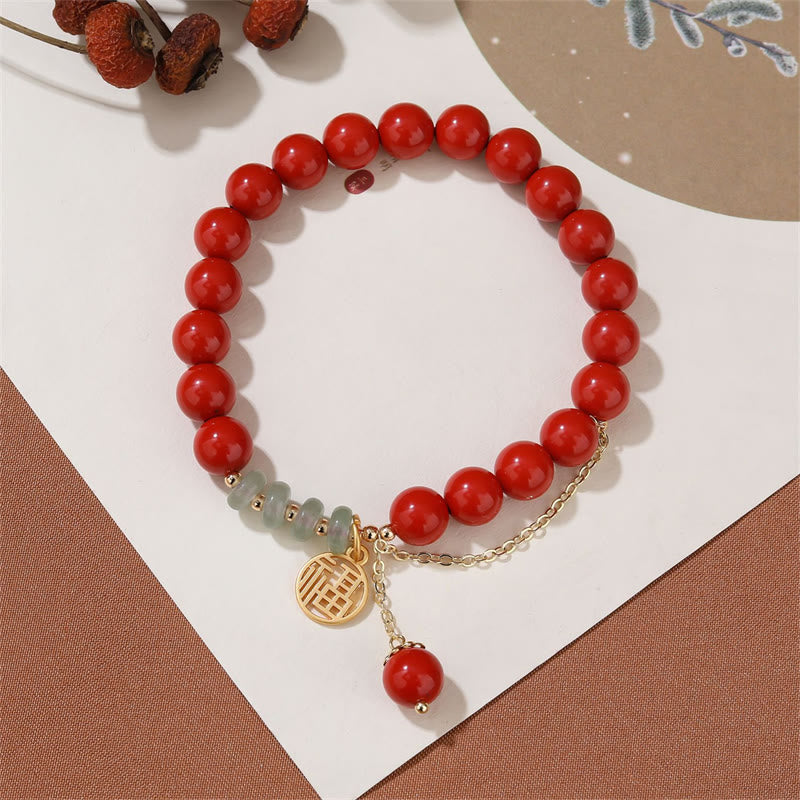 Bracelet de jade apaisant de caractère Fu de bon augure avec Buddha Stones en cinabre