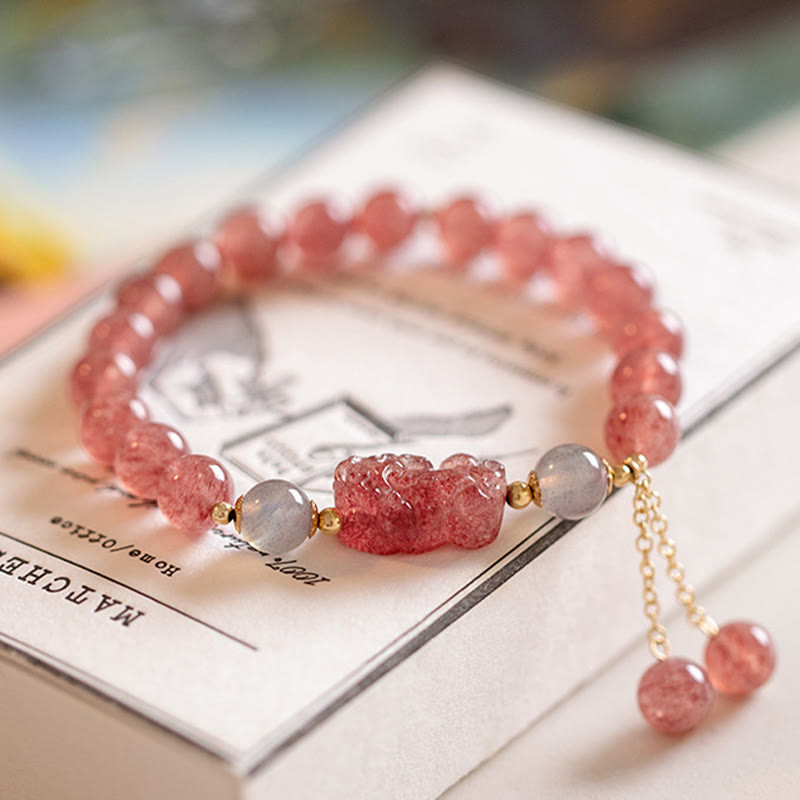 Bracelet de guérison d'amour PiXiu en pierre de lune et quartz fraise naturel Buddha Stones