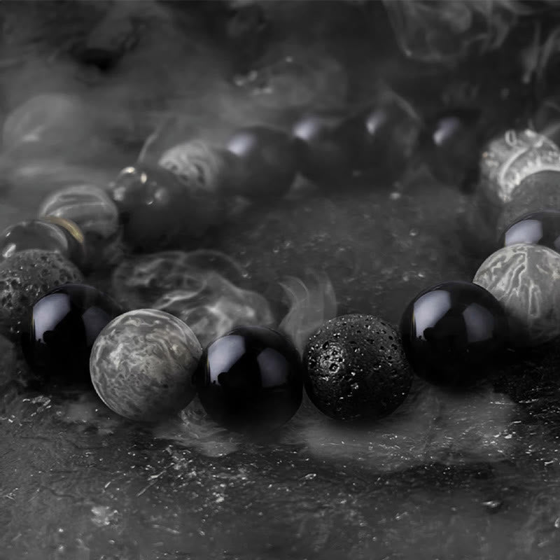 Bracelet de force Yin Yang en pierre de lave en obsidienne noire Buddha Stones