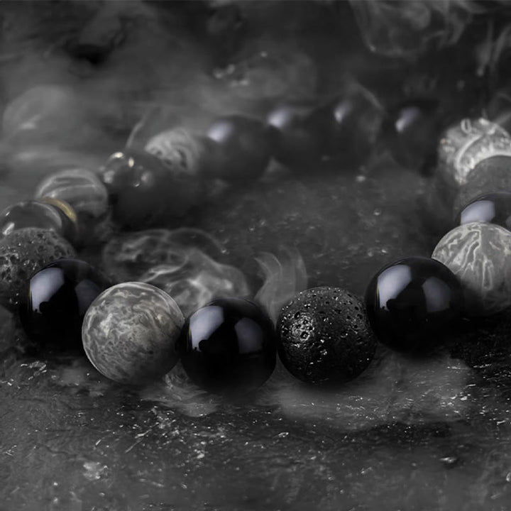 Bracelet de force Yin Yang en pierre de lave en obsidienne noire Buddha Stones