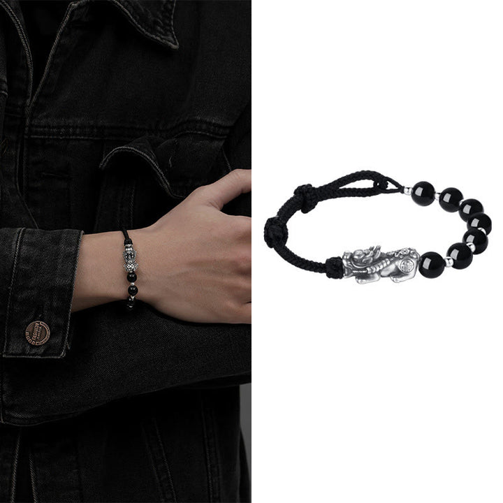 Bracelet de force en argent sterling 925 avec perles d'obsidienne noire naturelle FengShui PiXiu en argent sterling 999 et Buddha Stones