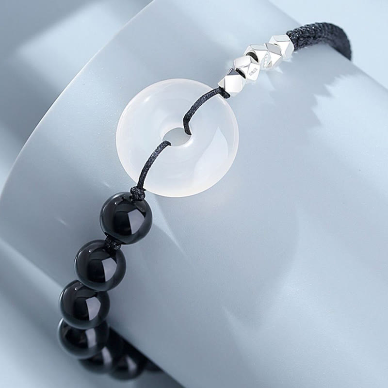 Bracelet de force en argent sterling 925 avec boucle de paix et agate obsidienne noire de Buddha Stones