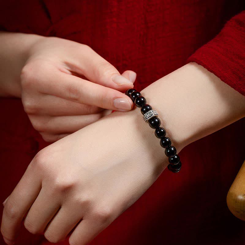 Bracelet de force en argent sterling 925 avec pierre de lune et obsidienne noire et Bouddha du zodiaque chinois