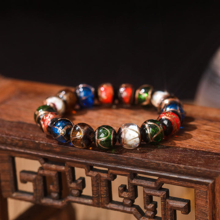 Bracelet porte-bonheur en perles de verre Liuli avec breloque de la famille des bêtes avaleuses en or et Buddha Stones
