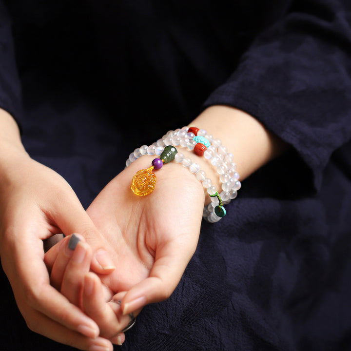 Bracelet de guérison en cristal de 108 Buddha Stones de Mala en pierre de lune, ambre, lotus, turquoise