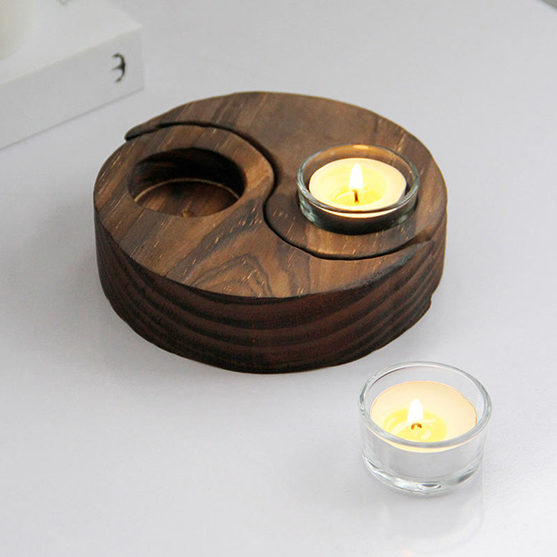 Bougeoir en bois avec Buddha Stones Yin Yang pour rituels de méditation