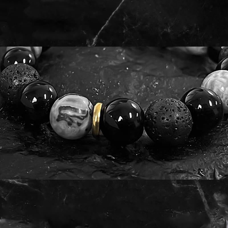 Bracelet de force Yin Yang en pierre de lave en obsidienne noire Buddha Stones