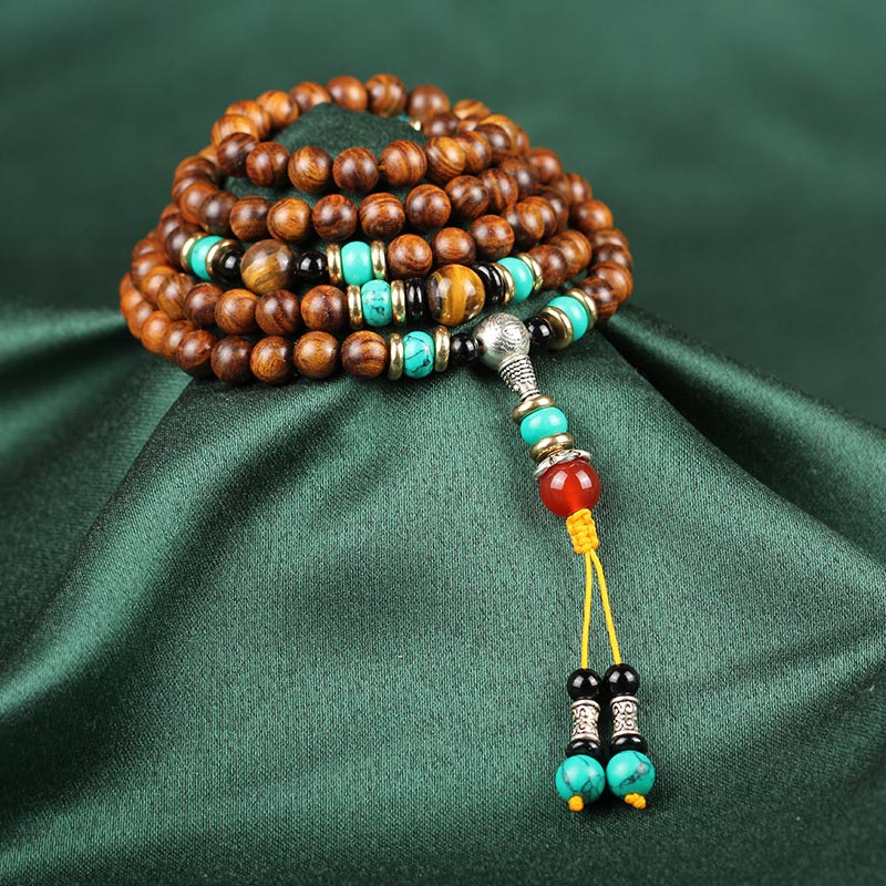Bracelet de guérison Mala en bois de rose et œil de tigre avec 108 Buddha Stones