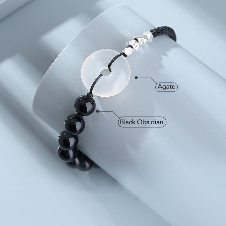 Bracelet de force en argent sterling 925 avec boucle de paix et agate obsidienne noire de Buddha Stones