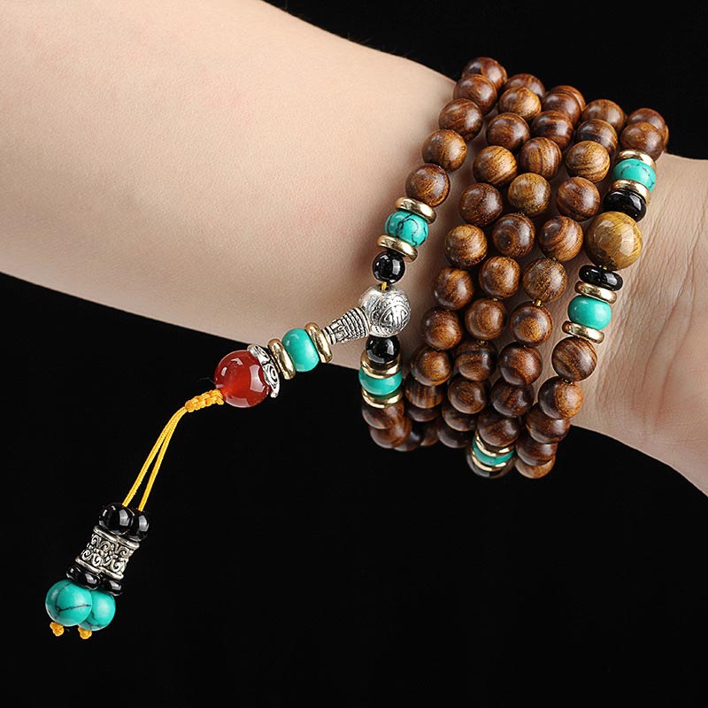 Bracelet de guérison Mala en bois de rose et œil de tigre avec 108 Buddha Stones