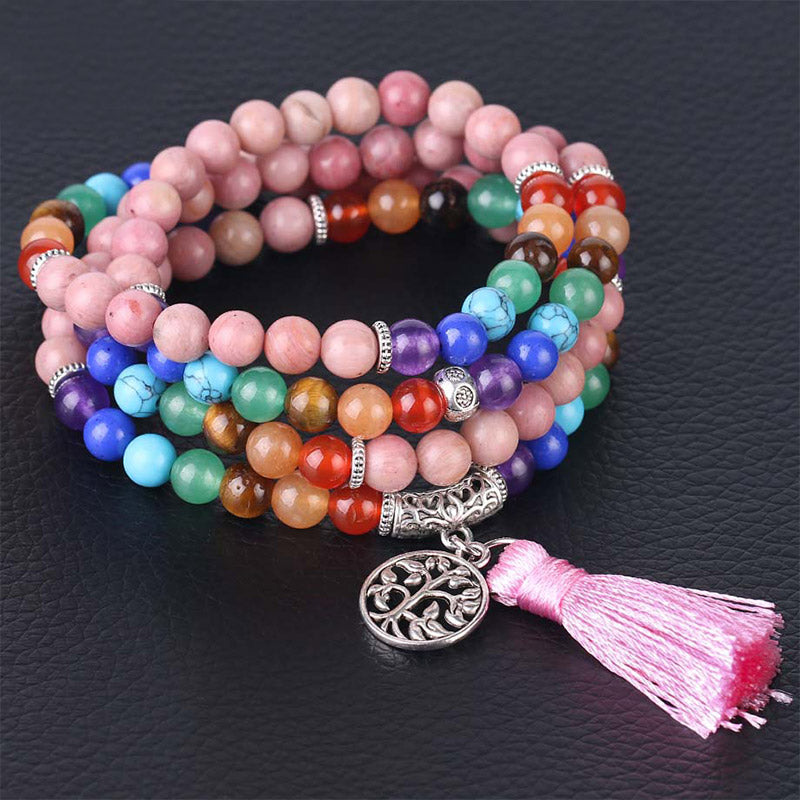Bracelet de guérison en 108 perles de Mala en rhodonite et cristal bleu lazulite de Buddha Stones