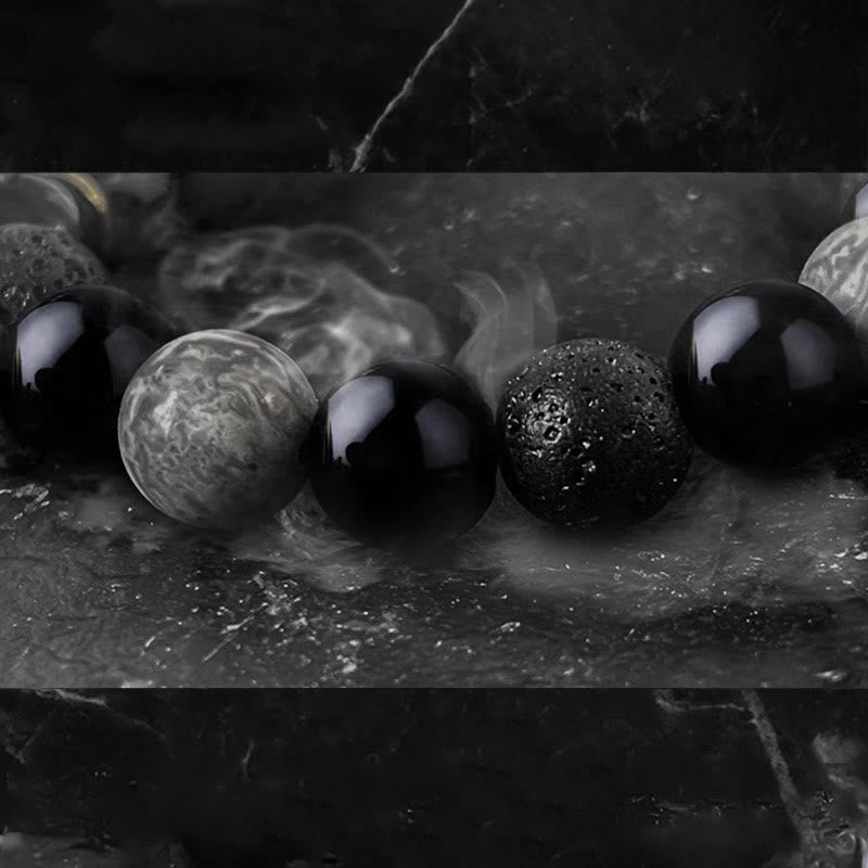 Bracelet de force Yin Yang en pierre de lave en obsidienne noire Buddha Stones