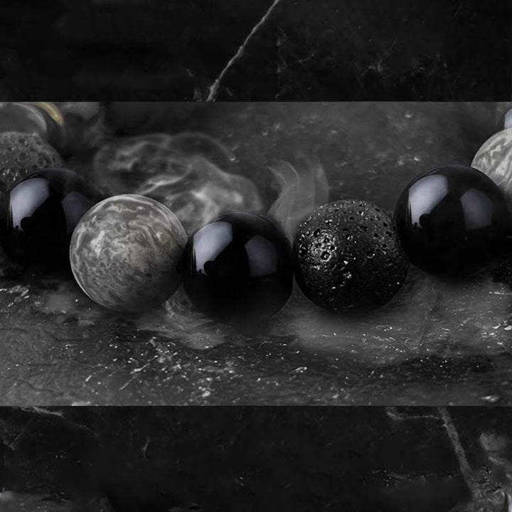 Bracelet de force Yin Yang en pierre de lave en obsidienne noire Buddha Stones