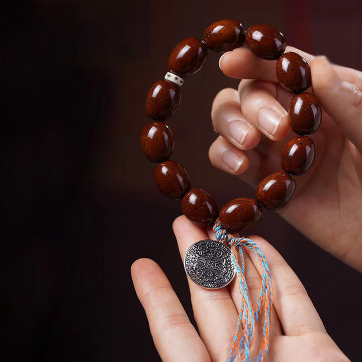 Bracelet de richesse en Buddha Stones tibétaines naturelles violettes et dorées avec rat OM, zodiaque chinois, neuf palais, huit diagrammes
