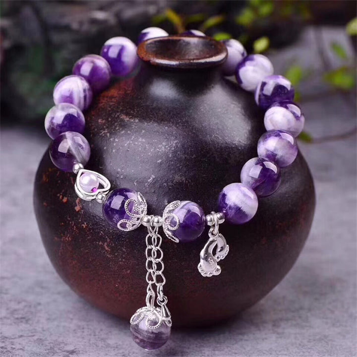 Bracelet à breloques en forme de cœur Buddha Stones en argent sterling 925 et améthyste naturelle