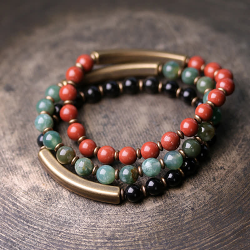 Bracelet couple paix en cuivre et cristal d'obsidienne noire en Buddha Stones Jaspe rouge Agate mousse