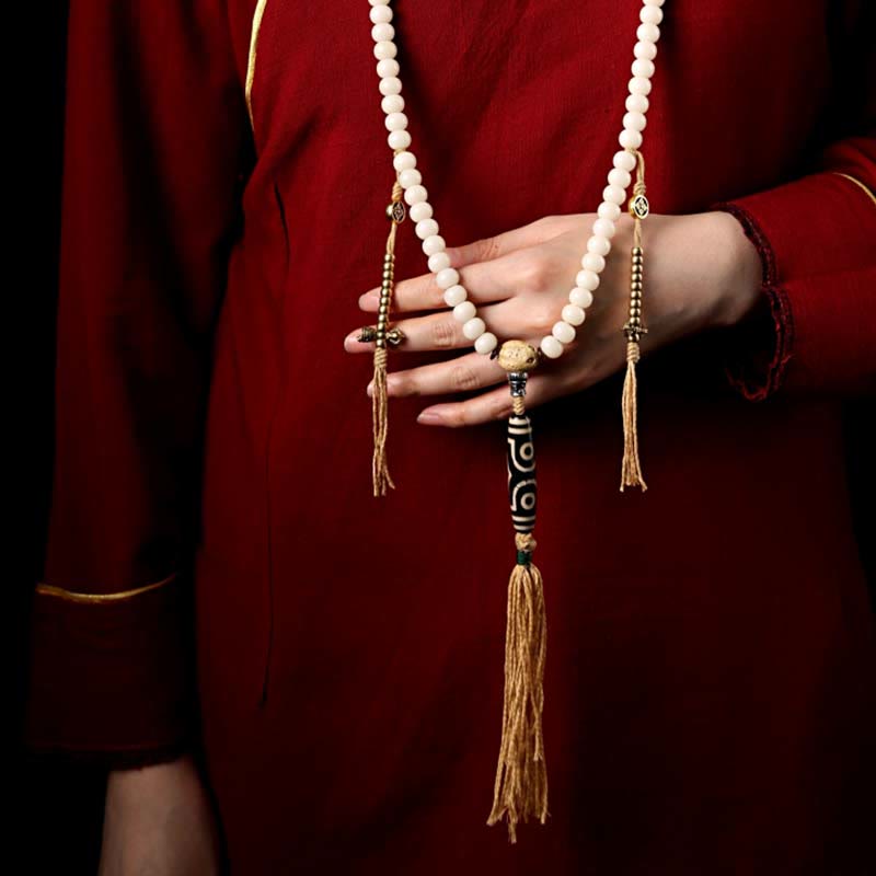Bracelet de richesse en agate grise avec 108 perles de Mala en Buddha Stones du Tibet, graines de Bodhi, Bagua, Vajra, Dzi