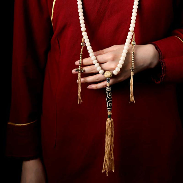 Bracelet de richesse en agate grise avec 108 perles de Mala en Buddha Stones du Tibet, graines de Bodhi, Bagua, Vajra, Dzi