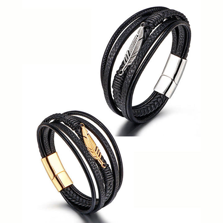 Bracelet à boucle magnétique tressée en cuir multicouche et acier titane avec motif de Buddha Stones