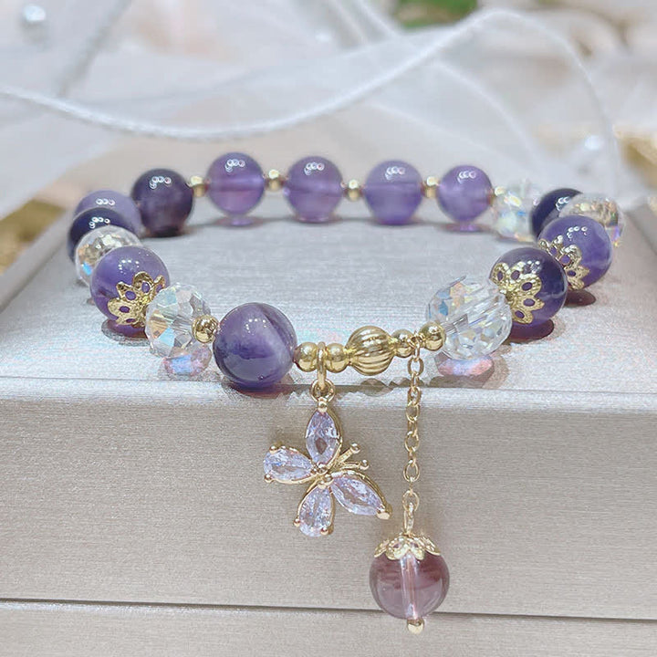 Bracelet à breloques papillon spirituel en cristal d'améthyste naturelle de Buddha Stones