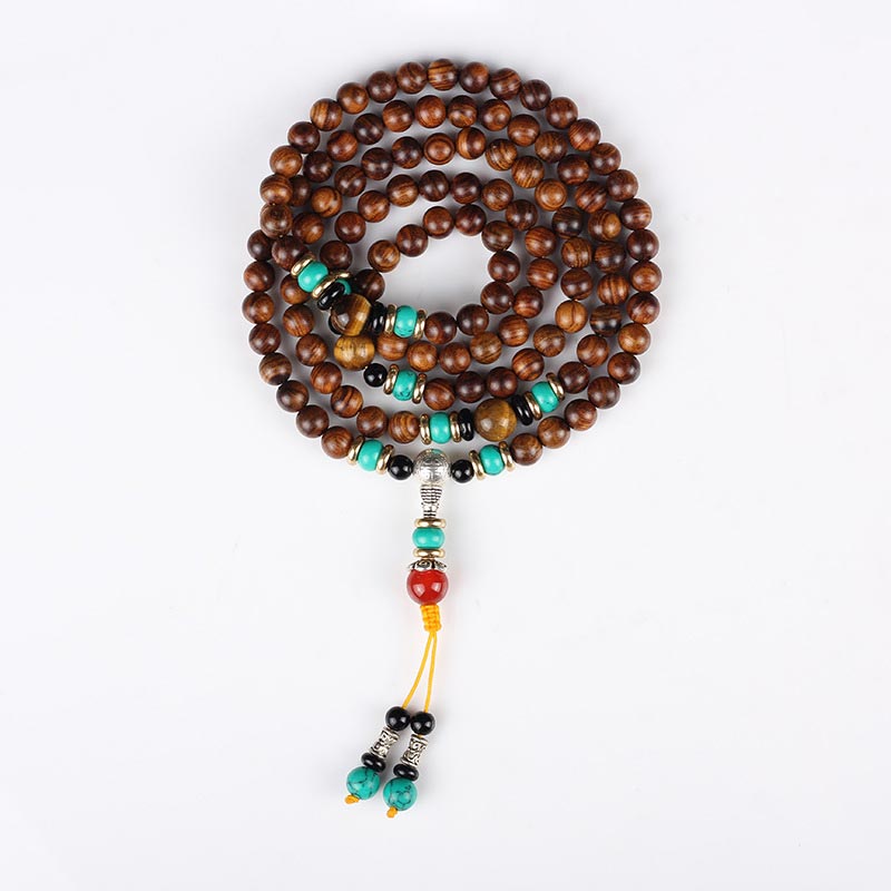 Bracelet de guérison Mala en bois de rose et œil de tigre avec 108 Buddha Stones