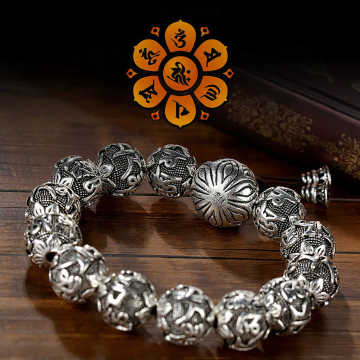 Bracelet amulette en perles en alliage sculptées avec Buddha Stones tibétaines Om Mani Padme Hum
