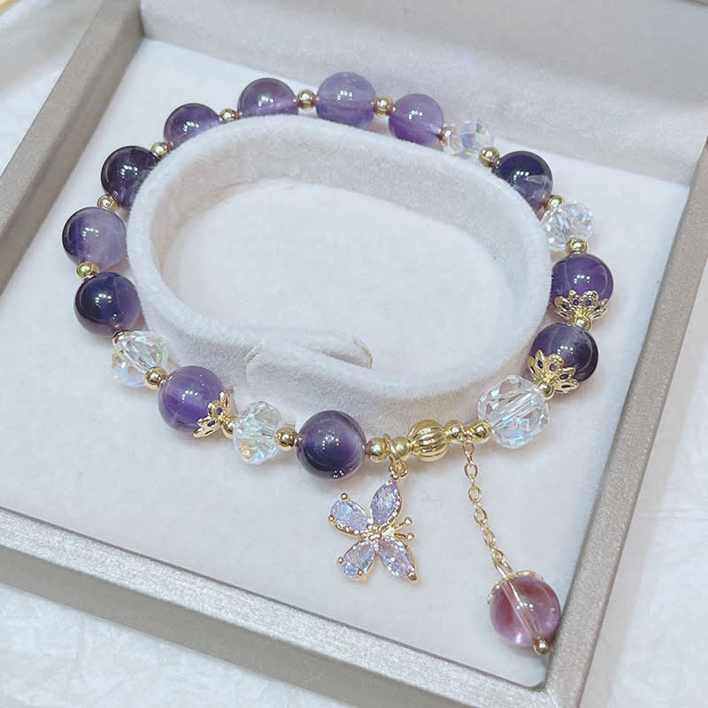 Bracelet à breloques papillon spirituel en cristal d'améthyste naturelle de Buddha Stones