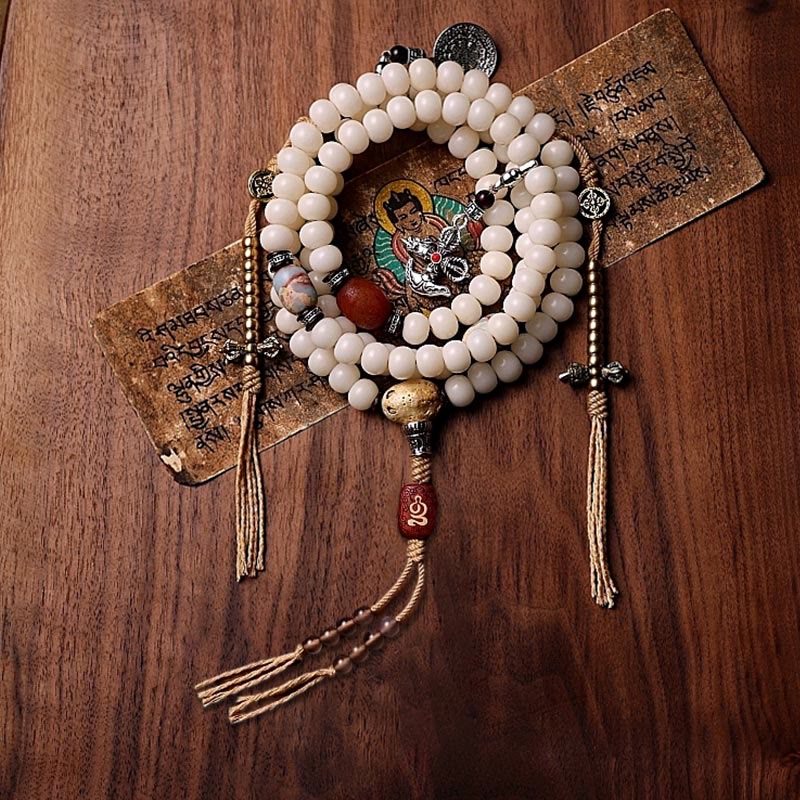 Bracelet de richesse en agate grise avec 108 perles de Mala en Buddha Stones du Tibet, graines de Bodhi, Bagua, Vajra, Dzi