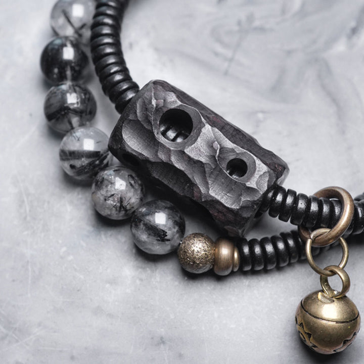 Bracelet couple sagesse en cuivre et bois d'ébène Buddha Stones et quartz rutile noir