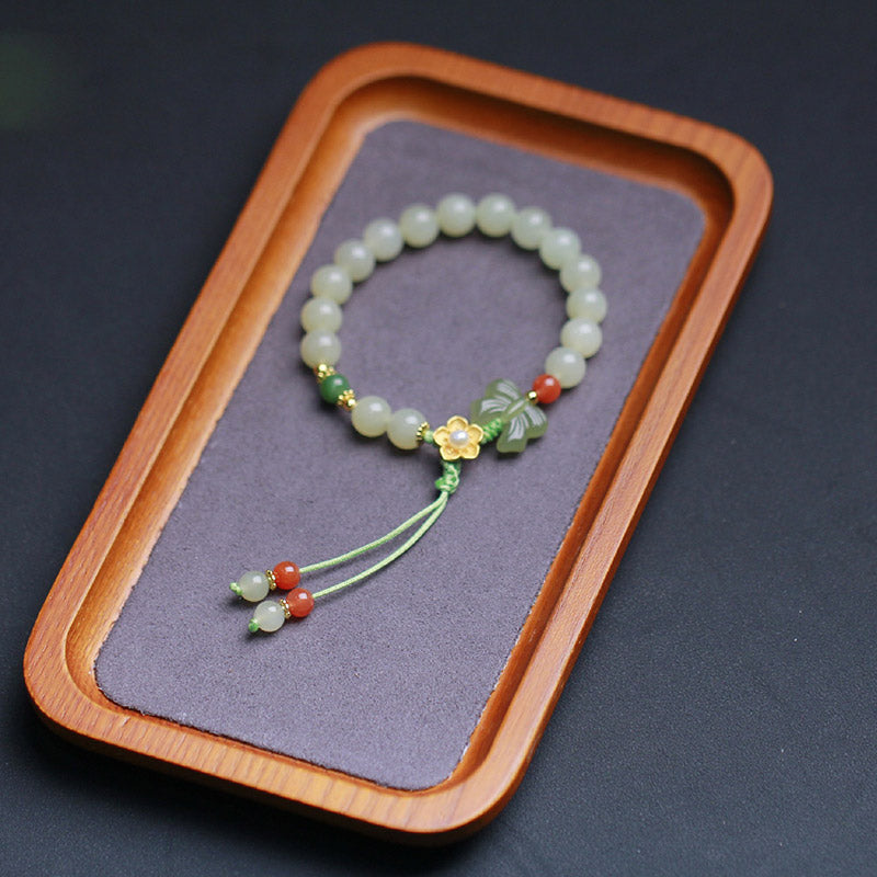 Bracelet Buddha Stones en argent sterling 925 et jade avec fleur porte-bonheur et papillon