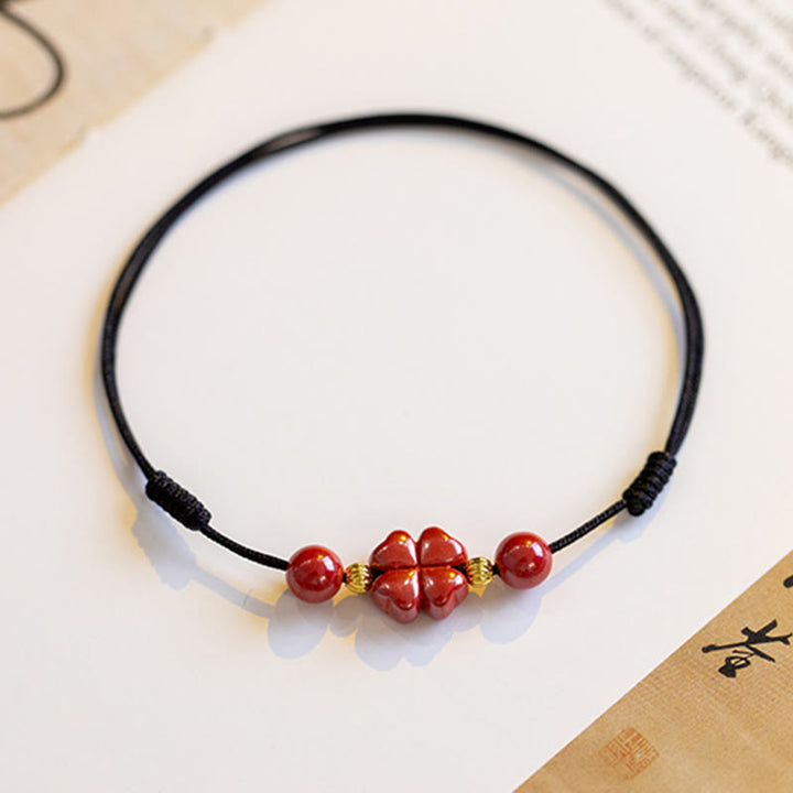 Bracelet de cheville en corde calme Buddha Stones à quatre feuilles et bénédiction en cinabre