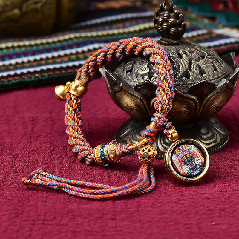 Bracelet tibétain fait main avec breloque en corde tressée et roue de prière Thangka pour protection de la chance