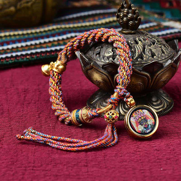Bracelet tibétain fait main avec breloque en corde tressée et roue de prière Thangka pour protection de la chance