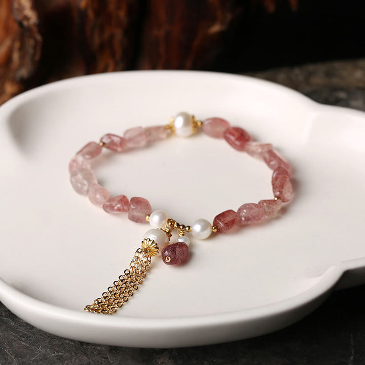 Bracelet de guérison d'amour plaqué or 14 carats avec perles de quartz fraise naturelles