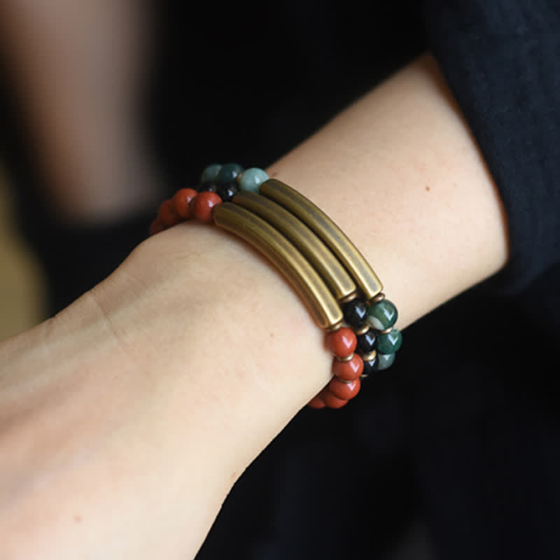 Bracelet couple paix en cuivre et cristal d'obsidienne noire en Buddha Stones Jaspe rouge Agate mousse