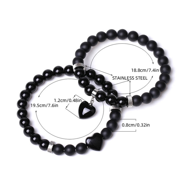 Bracelet de couple en pierre de cristal d'onyx noir Buddha Stones 2 pièces Protection du cœur d'amour