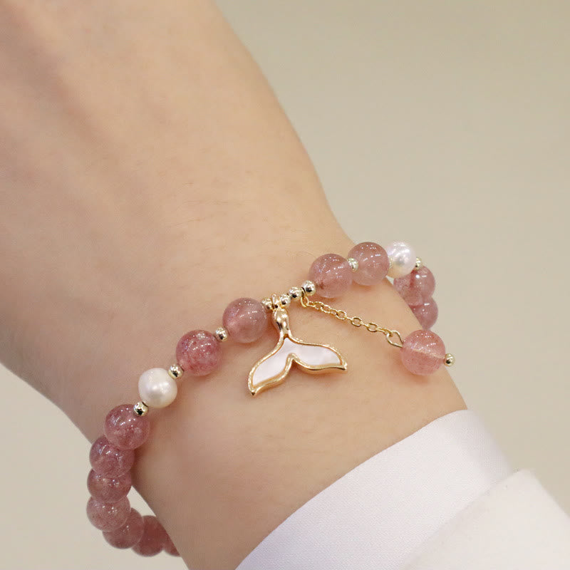 Bracelet de guérison à breloques en forme de queue de poisson avec Buddha Stones de quartz fraise et visage souriant d'élan