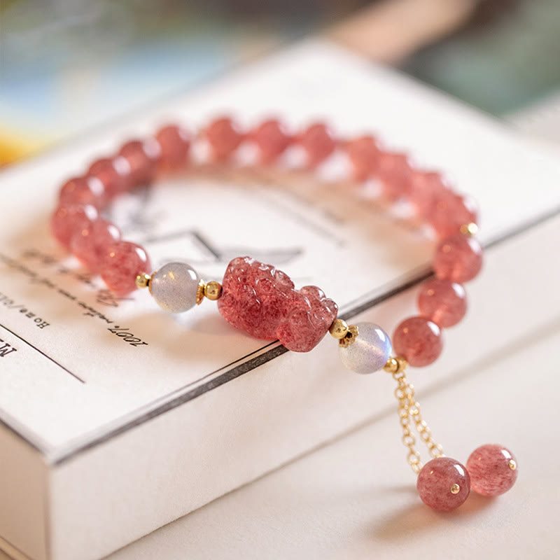 Bracelet de guérison d'amour PiXiu en pierre de lune et quartz fraise naturel Buddha Stones