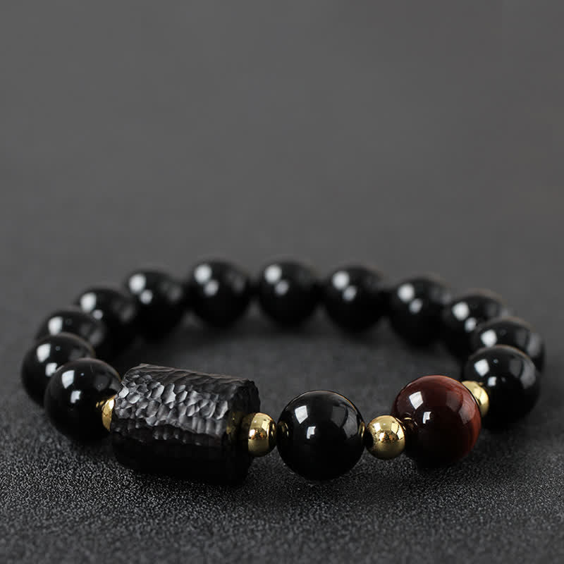 Bracelet de couple en obsidienne noire et bois d'ébène avec œil de tigre rouge