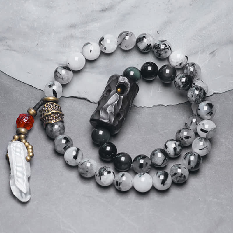 Bracelet Couple Succès en Bois d'Ébène et Quartz Rutile Noir et Cristal Blanc