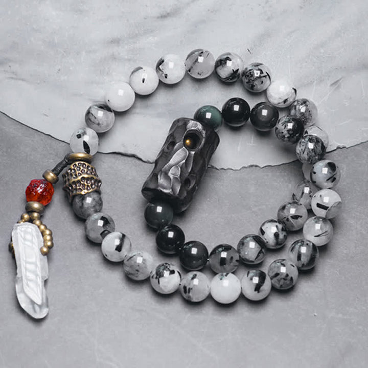 Bracelet Couple Succès en Bois d'Ébène et Quartz Rutile Noir et Cristal Blanc